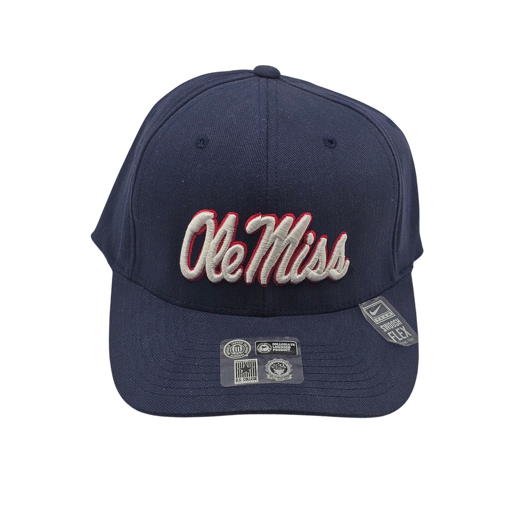Vintage Y2K Nike Ole Miss Rebels Swoosh Flex Hat Cap Navy Deadstock NOS NCAA